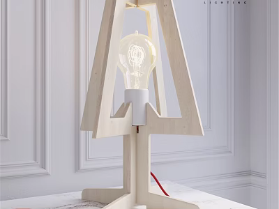 Modern Wooden Table Lamp with Minimalist Geometric Frame and Clear Bulb in White Room 3d model