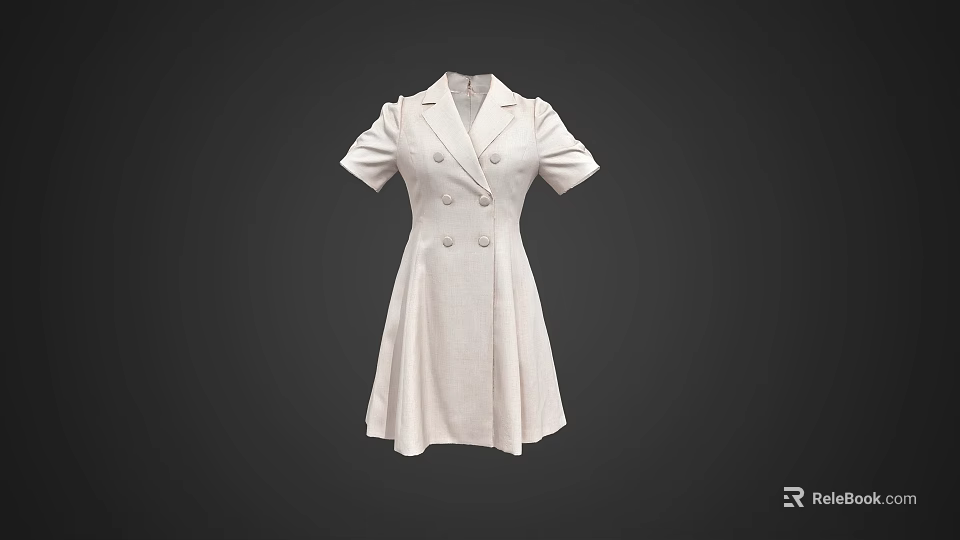 White Linen Dress with Double Breasted Short Sleeves Lapel and A line Skirt Design 3d model 