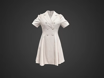 White Linen Dress with Double Breasted Short Sleeves Lapel and A line Skirt Design 3d model