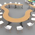 U Shaped and Round Conference Tables with Colorful Wooden Surface and White Chairs