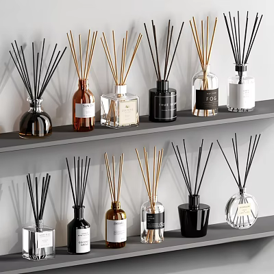 Stylish Reed Diffuser Perfume Bottles With Various Designs On Display Shelves 3d model