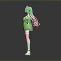 3D Anime Game Character With Green Hair Green Jacket Pink Skirt And Pink Stockings