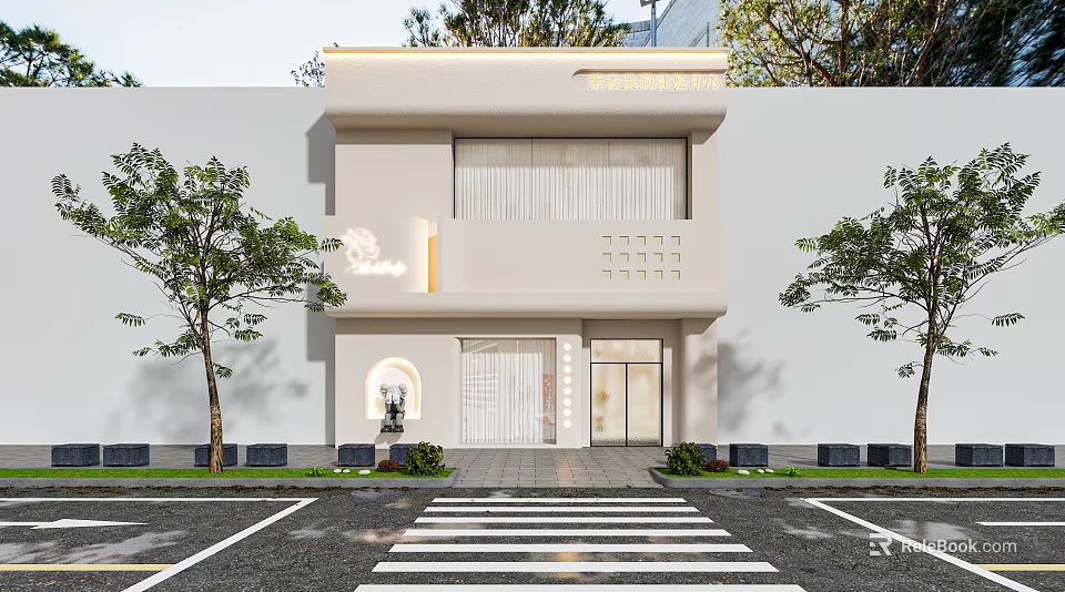 Modern Minimalist Two Story Building Exterior With Decorations And Trees 3d model 