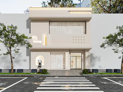 Modern Minimalist Two Story Building Exterior With Decorations And Trees 3d model