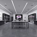 Modern Digital Store Interior With Glass Front Display Shelves Electronic Products And Large Screen