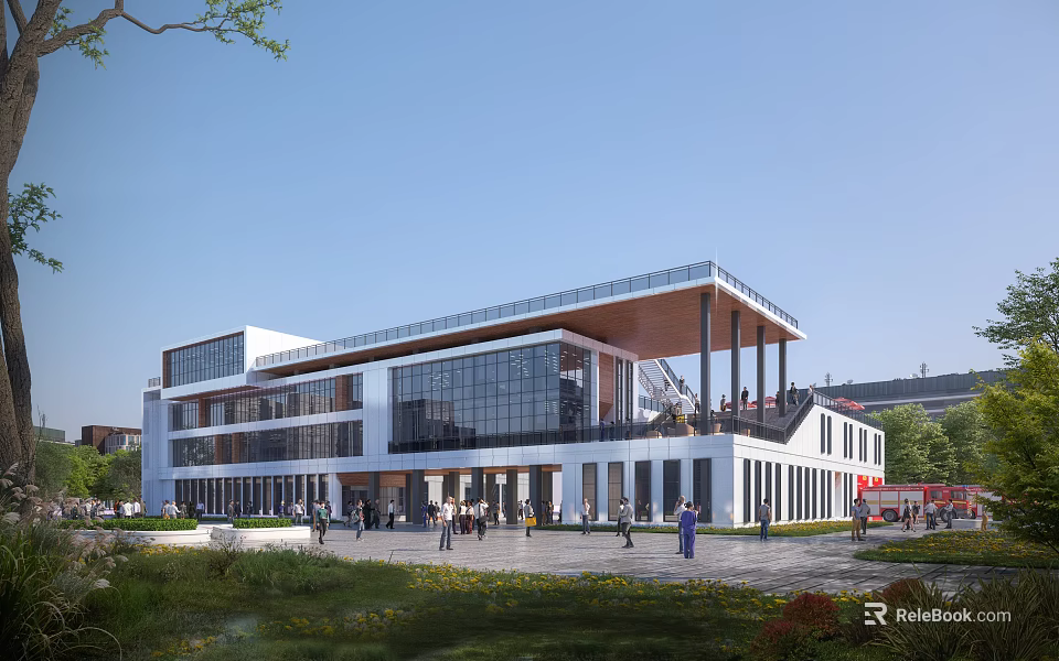 Modern Multi Story Office Building With Glass Facade Landscaped Area And Terrace 3d model 