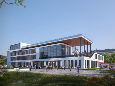 Modern Multi Story Office Building With Glass Facade Landscaped Area And Terrace 3d model