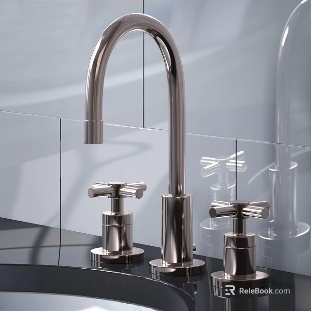 Modern Stainless Steel Kitchen Faucet with Curved Spout and Dual Handles on Black Countertop 3d model 