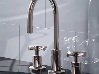 Modern Stainless Steel Kitchen Faucet with Curved Spout and Dual Handles on Black Countertop 3d model