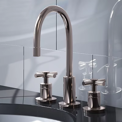 Modern Stainless Steel Kitchen Faucet with Curved Spout and Dual Handles on Black Countertop 3d model