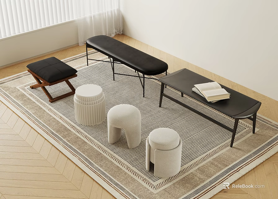 Modern Living Room Setup With Various Stylish Stools And Wooden Floor 3d model 