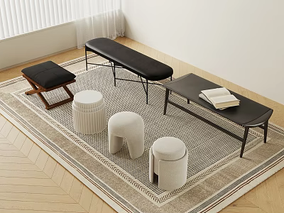 Modern Living Room Setup With Various Stylish Stools And Wooden Floor 3d model