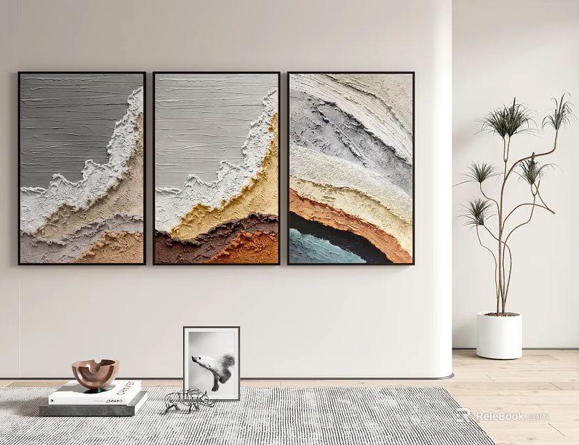 Three Wave Design Decorative Paintings On Living Room Wall With Plant And Decor Items 3d model 