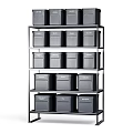 Black Metal Storage Shelving Unit With Multiple Layers And Storage Boxes For Organization 3d model