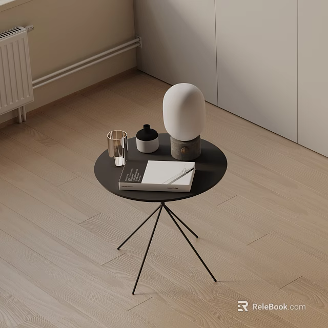 Modern Black Round Side Table with White Lamp Notebook and Pen on Light Wooden Floor 3d model 