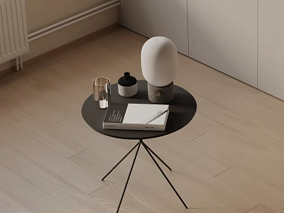 Modern Black Round Side Table with White Lamp Notebook and Pen on Light Wooden Floor 3d model