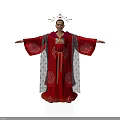 A Woman In Red Traditional Robe With Ornate Headdress And Arms Outstretched Against White Background