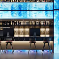 Modern Hotel Lobby With Blue LED Screens Bar Counter High Stools And Ambient Lighting