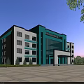 Modern Office Building With Teal White Exterior Multiple Windows Spacious Plaza And Surrounding Trees