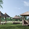 Outdoor Park With Thatched Pavilions Green Grass And Wooden Structures
