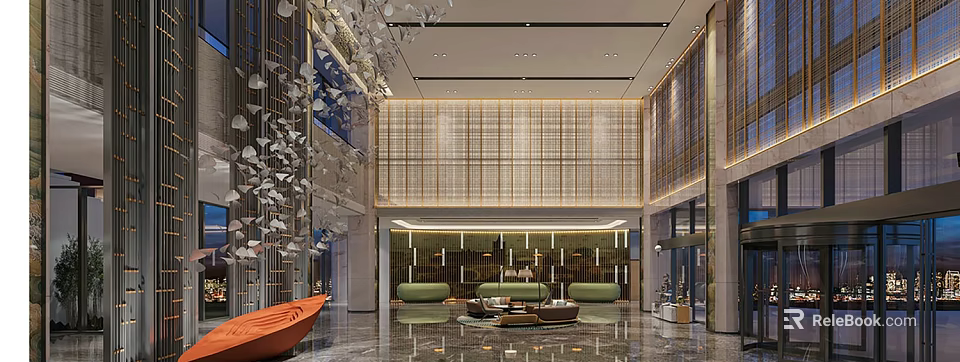 Modern Hotel Lobby Interior With Metal Leaf Installation Wooden Lattice Wall And Green Curved Sofas 3d model 