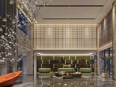 Modern Hotel Lobby Interior With Metal Leaf Installation Wooden Lattice Wall And Green Curved Sofas 3d model