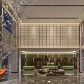 Modern Hotel Lobby Interior With Metal Leaf Installation Wooden Lattice Wall And Green Curved Sofas