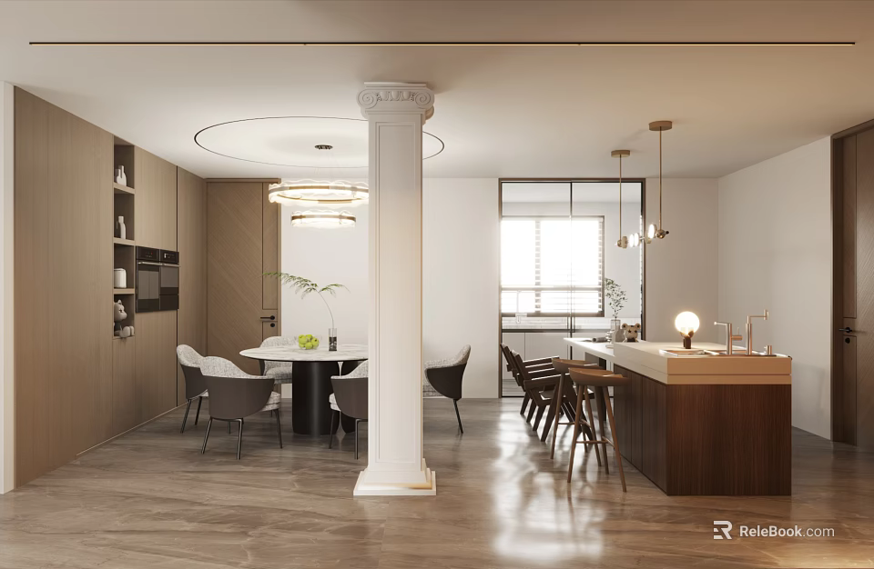 Modern Dining Room And Kitchen With Open Layout Wooden Table Bar Counter And Pendant Lights 3d model 