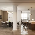 Modern Dining Room And Kitchen With Open Layout Wooden Table Bar Counter And Pendant Lights