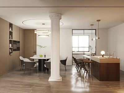 Modern Dining Room And Kitchen With Open Layout Wooden Table Bar Counter And Pendant Lights 3d model