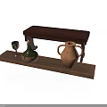 Rustic Wooden Bench And Shelf Display With Green Bottle Terracotta Amphora And Small Goblet
