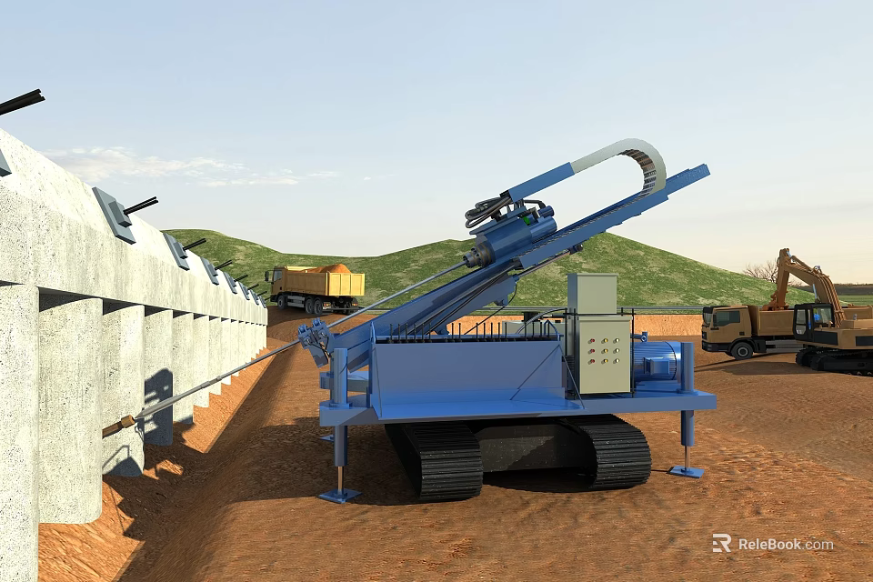 Blue Crawler Type Utility Vehicle With Long Arm And Pipeline At Construction Site 3d model 