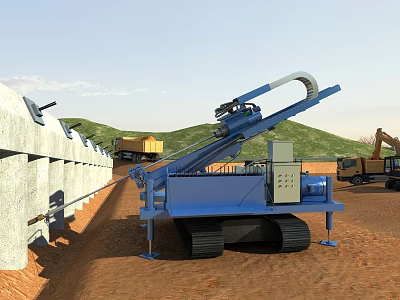 Blue Crawler Type Utility Vehicle With Long Arm And Pipeline At Construction Site 3d model