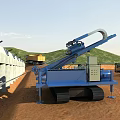 Blue Crawler Type Utility Vehicle With Long Arm And Pipeline At Construction Site