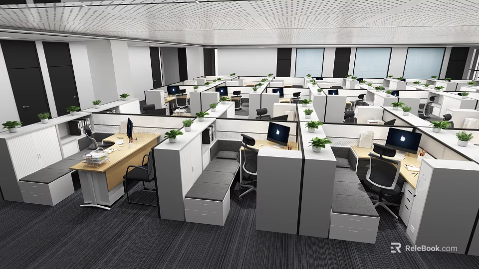 Modern Public Office Space With Open Layout Work Cubicles Computers Desks And Green Plants 3d model