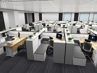 Modern Public Office Space With Open Layout Work Cubicles Computers Desks And Green Plants 3d model