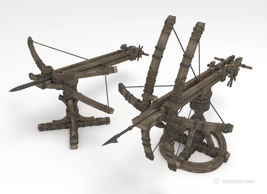 Ancient Medieval Wooden Ballista Weapons With Mechanical Structure And Arrows 3d model 