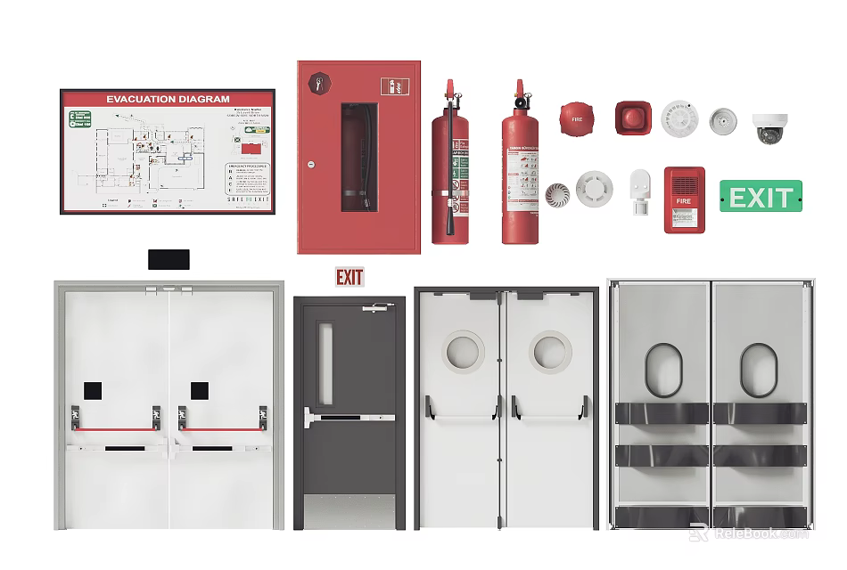 Essential Fire Safety Equipment Including Alarm Diagram Hydrant Cabinet Extinguishers Exit Signs And Fire Doors 3d model 