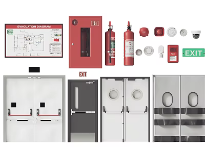 Essential Fire Safety Equipment Including Alarm Diagram Hydrant Cabinet Extinguishers Exit Signs And Fire Doors 3d model