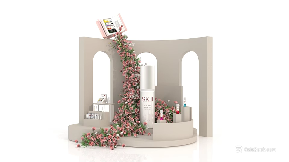 Floral Display with Beige Curved Platform Arched Doorways Pink Flower Vines Skincare Products and Books 3d model 