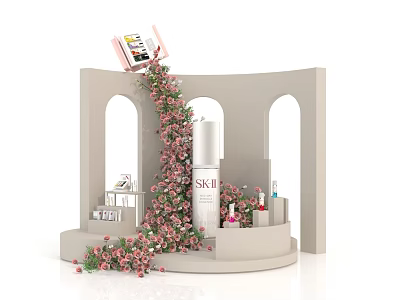 Floral Display with Beige Curved Platform Arched Doorways Pink Flower Vines Skincare Products and Books 3d model