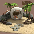 Cartoon Happy Island Scene With Palm Trees Round Hut Sandy Beach And Stone Path