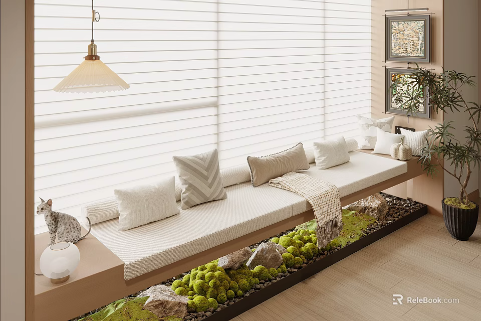 Cozy Bay Window Seat With White Cushion Pillows Throw Blanket And Moss Garden 3d model 