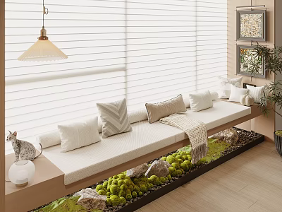 Cozy Bay Window Seat With White Cushion Pillows Throw Blanket And Moss Garden 3d model
