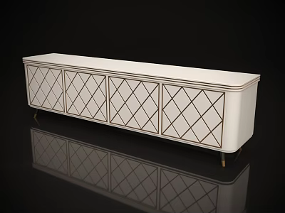 Elegant White TV Stand Featuring Diamond Pattern Doors And Gold Legs 3d model