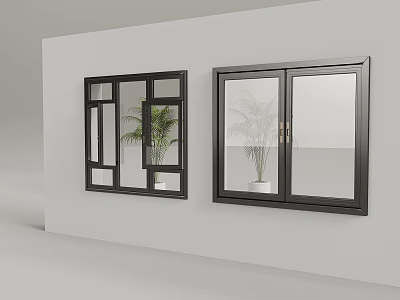 Modern Black Framed Windows With Potted Plant On White Wall Interior 3d model