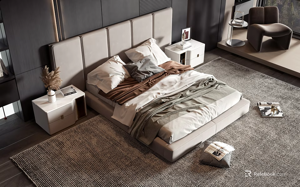 Modern Double Bed With Upholstered Headboard White Nightstands And Cozy Bedspread On Rug 3d model 