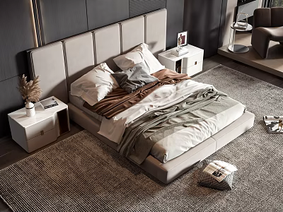 Modern Double Bed With Upholstered Headboard White Nightstands And Cozy Bedspread On Rug 3d model