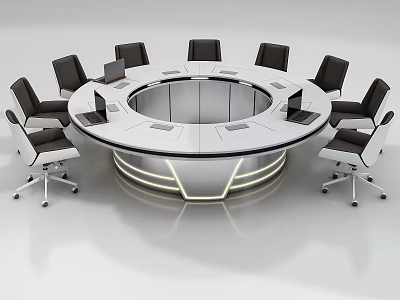 Modern Round Conference Table With Black Chairs Laptops And LED Lighting 3d model