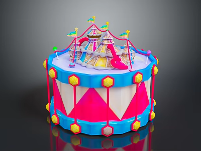 Vibrant Green Plants Adorn Decorative Carousel Toy with Blue Pink Drum Structure 3d model